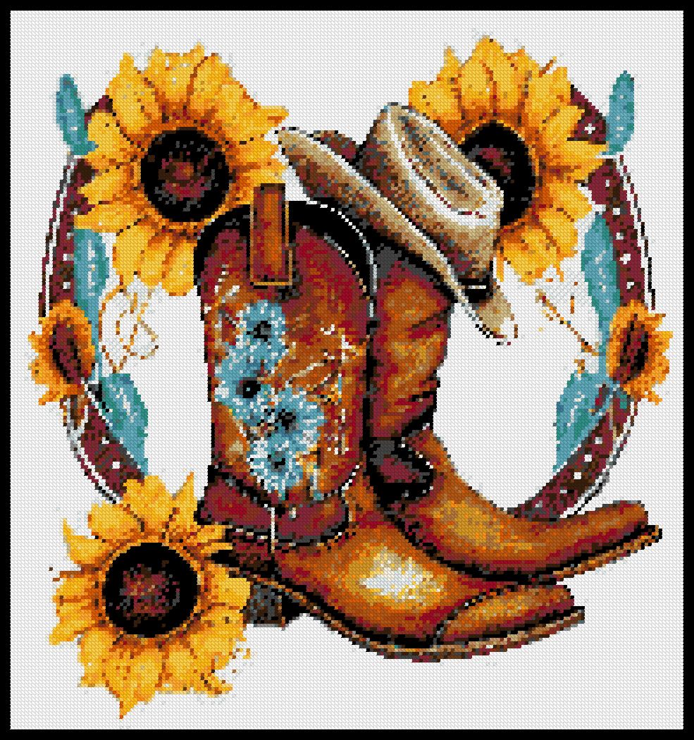 Western Boots and Sunflowers charted in cross stitch
